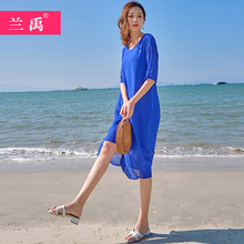 裙子女2025新款夏季蓝色雪纺连衣裙海边度假宽松气质沙滩长裙超仙
