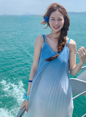 仙海边度假风法式渐变吊带连衣裙夏宽松显瘦无袖中长款沙滩裙