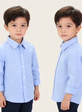 儿童纯蓝衬衫长袖春秋款上衣中小学生表演服校服男童女童蓝色衬衣