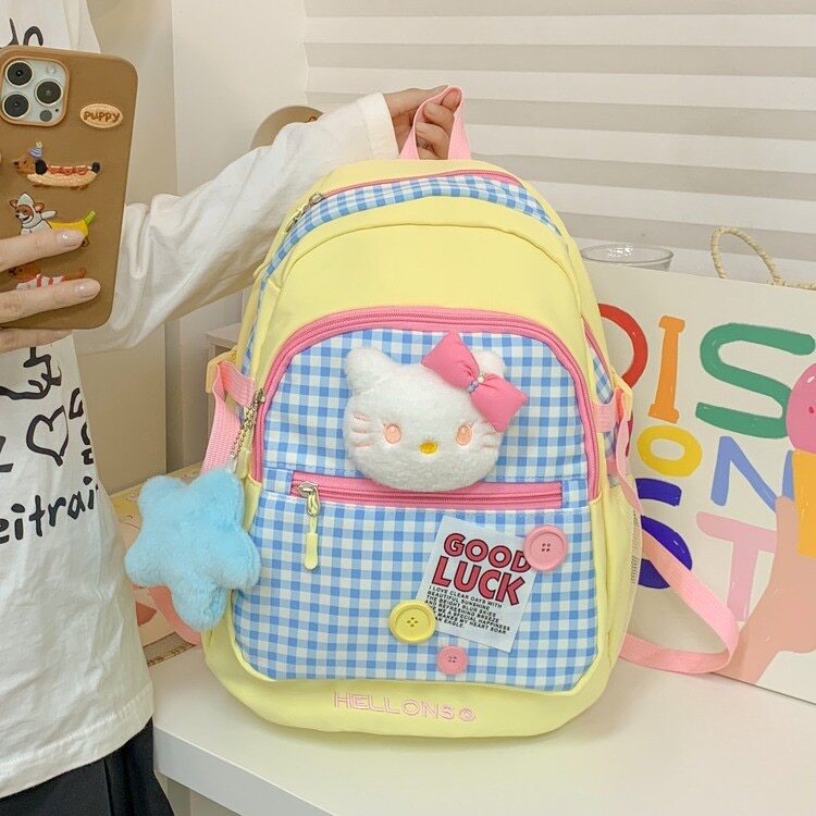 多巴胺拼接格纹kitty双肩包通勤百搭大学生小学生包幼儿园背包