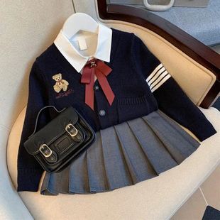 女童学院风JK套装秋冬季儿童百褶半身裙针织开衫外套长袖衬衫英伦