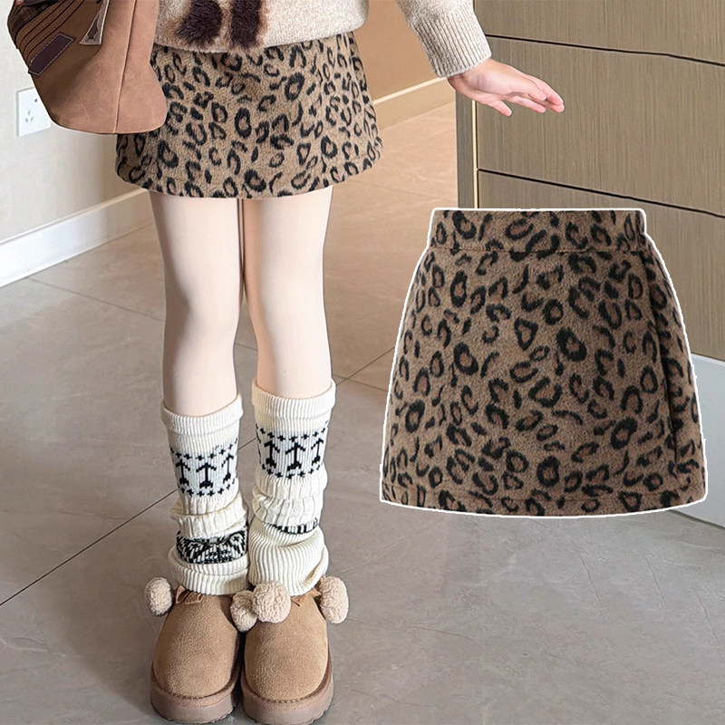 女童豹纹半身裙毛呢秋冬高腰小女孩美式时髦包臀裙子儿童A字短裙