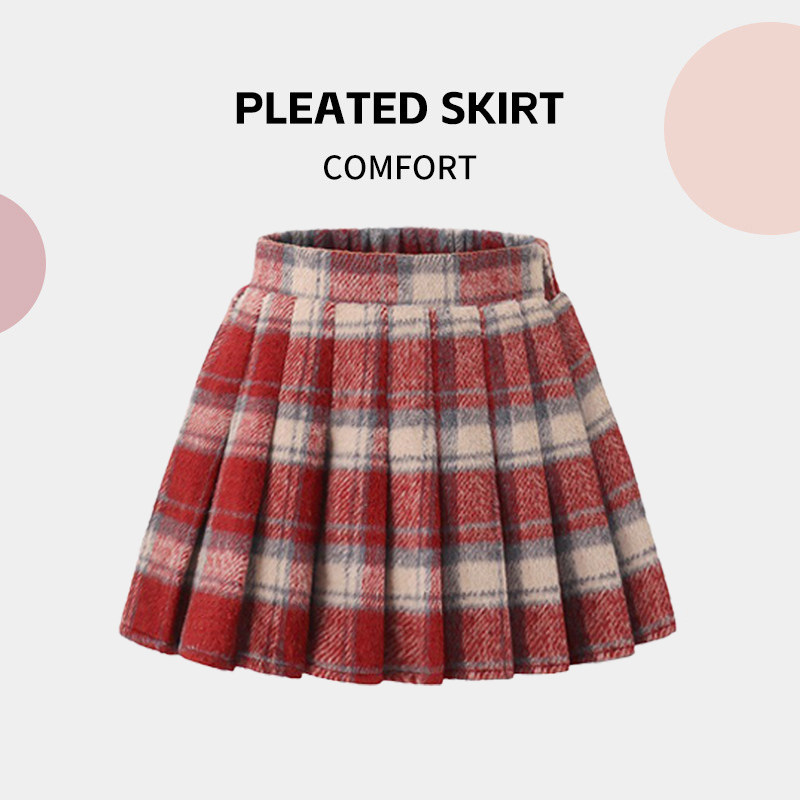 儿童半身裙毛呢秋冬圣诞红色格子JK女童百褶裙新年短裙大童A字裙