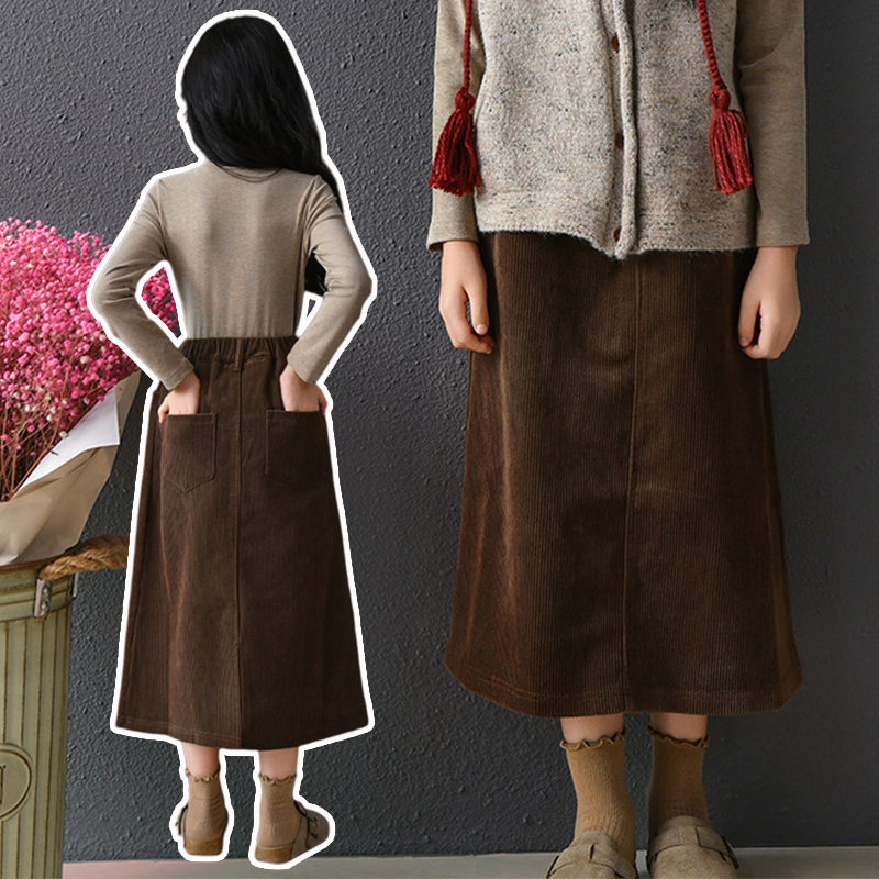 女童半身裙长款灯芯绒大童a字裙子2025秋冬新款儿童复古开叉长裙A