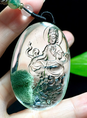 天然巴西绿幽灵八大守护神文殊菩萨吊坠项链
