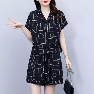 特大码女装时尚洋气短裤印花套装夏季新款气质减龄显瘦西装两件套
