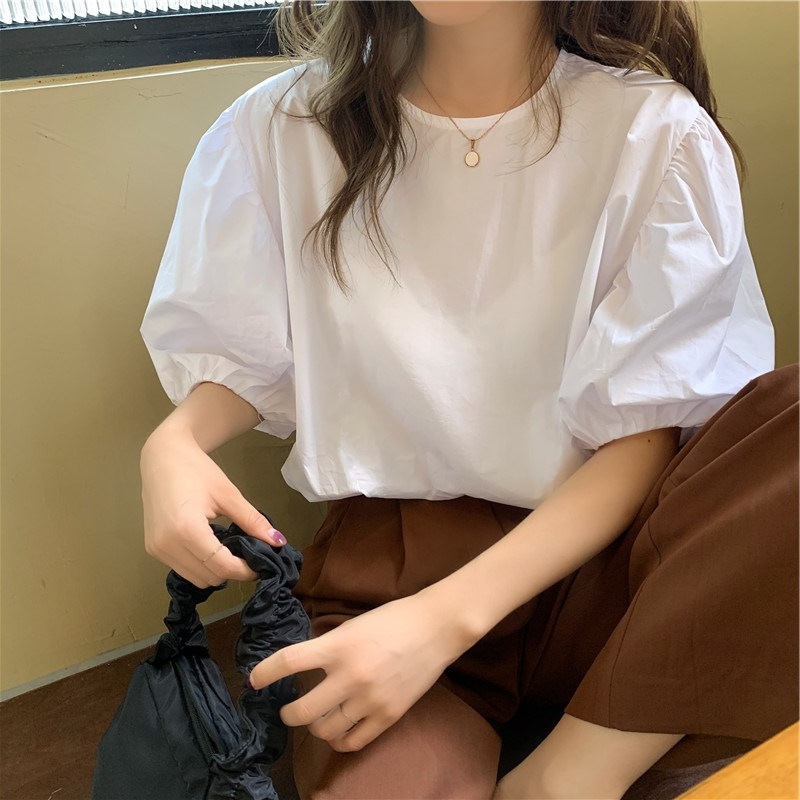 白色正肩短袖t恤女装夏季2023新款宽松别致泡泡袖上衣设计感小众
