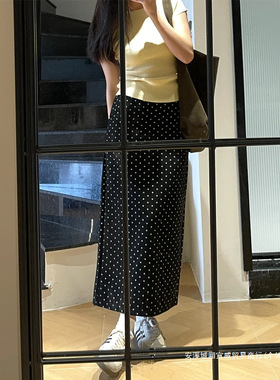 黑色波点半身裙中长款女2024新款夏季大码显瘦裙子高腰雪纺a字裙