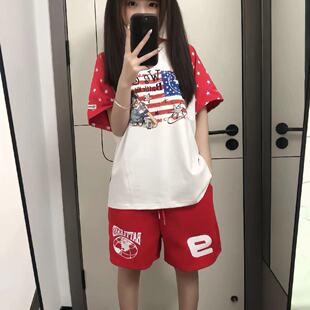 美式复古数字刺绣运动短裤女夏季潮牌宽松休闲五分裤高街抽绳卫裤