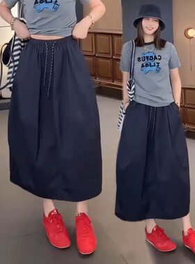 日系高端外贸原单出口大码高腰中长款半身裙女宽松显瘦高腰a字裙