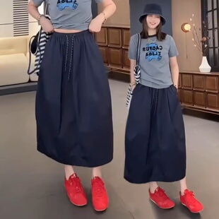 日系高端外贸原单出口大码高腰中长款半身裙女宽松显瘦高腰a字裙