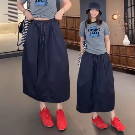 日系高端外贸原单出口大码高腰中长款半身裙女宽松显瘦高腰a字裙