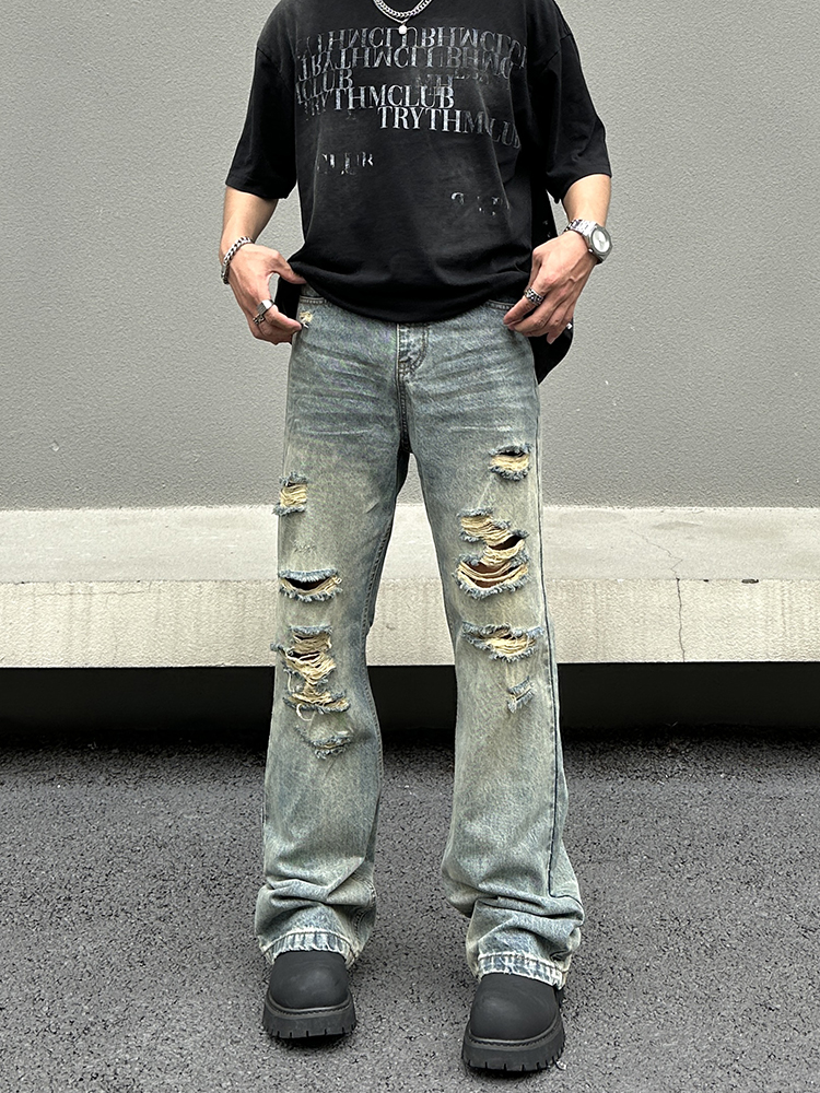 thumbnail for High street vibe retro distressed ripped jeans men's American hip-hop loose straight slim cleanfit pants