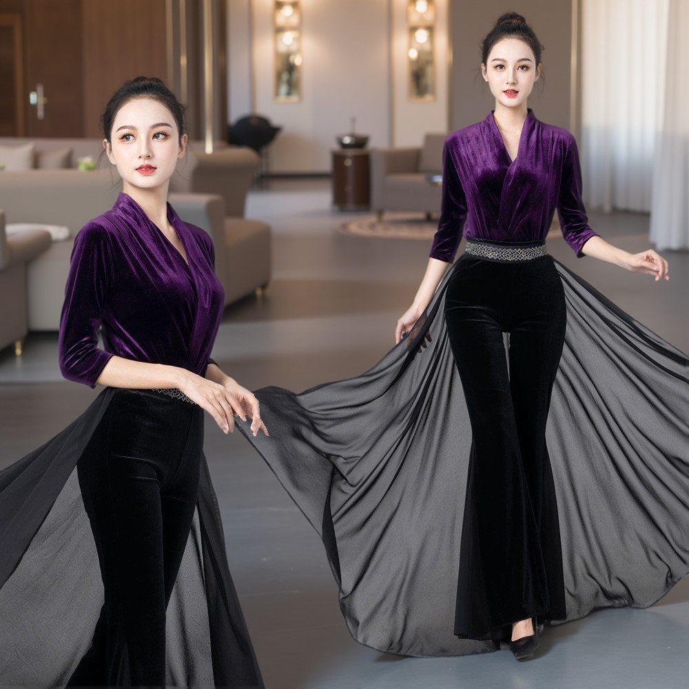 金丝绒形体服套装连体女秋冬季修身高端导师堆堆领中袖成人舞蹈服
