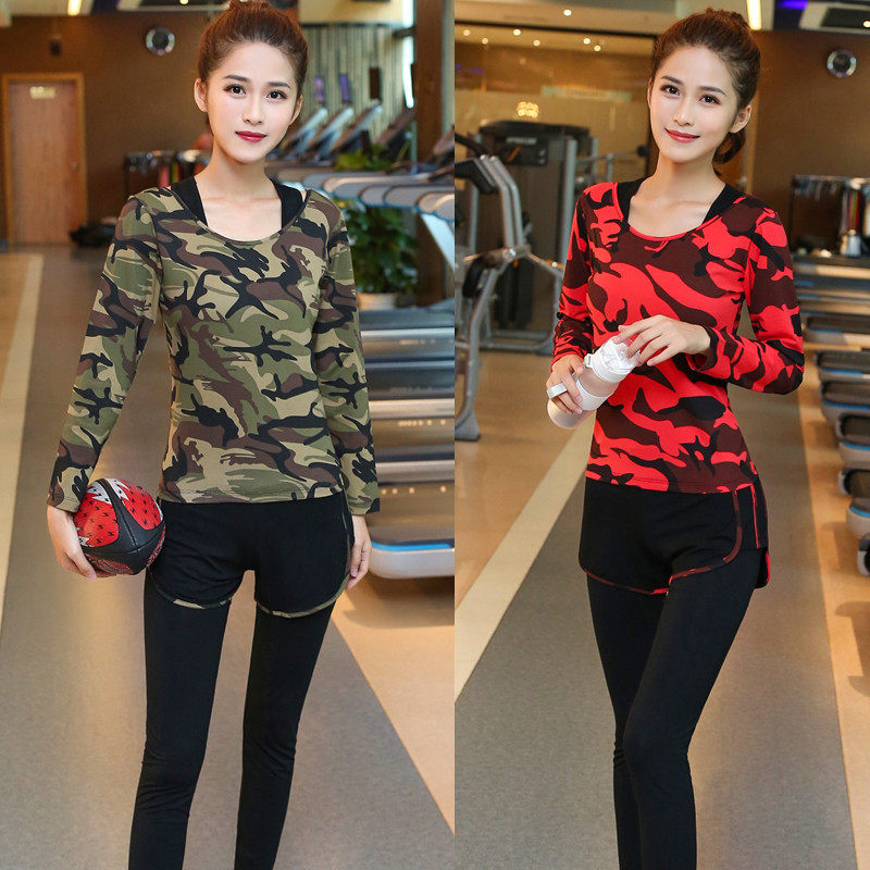瑜伽服女套装长袖春秋季莫代尔薄款宽松迷彩健身跑步运动长裤