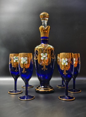 中古回流手工彩绘蓝色酒具套装描金收藏摆设一壶六杯看好拍