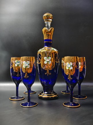 中古回流手工彩绘蓝色酒具套装描金收藏摆设一壶六杯看好拍