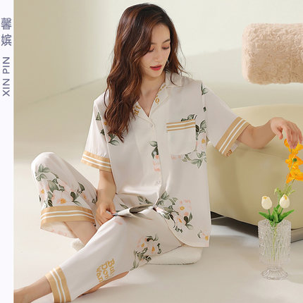 妈妈睡衣女春夏冰丝开衫短袖薄款大码翻领时尚凉感仿真丝绸家居服