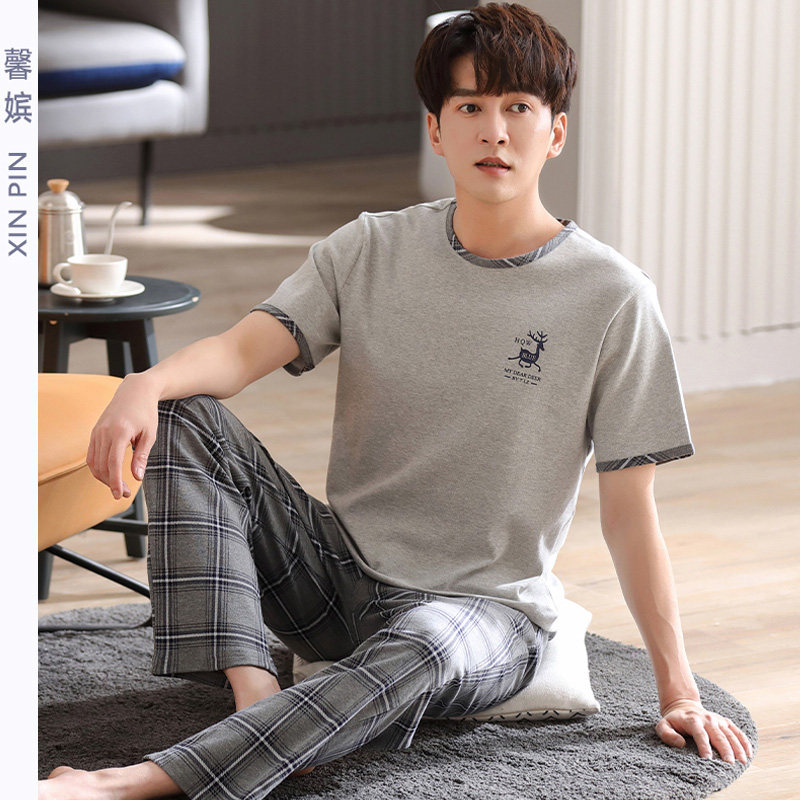 睡衣男春夏纯棉圆领套头加大码短袖长裤休闲可外穿中青年翻领套装