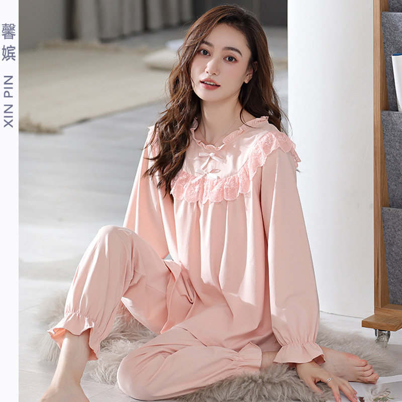春秋纯棉长袖甜美蕾丝套头睡衣女