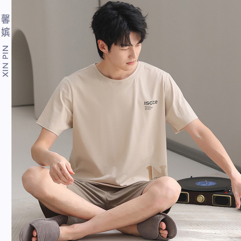 睡衣男莫代尔棉圆领短袖短裤套装