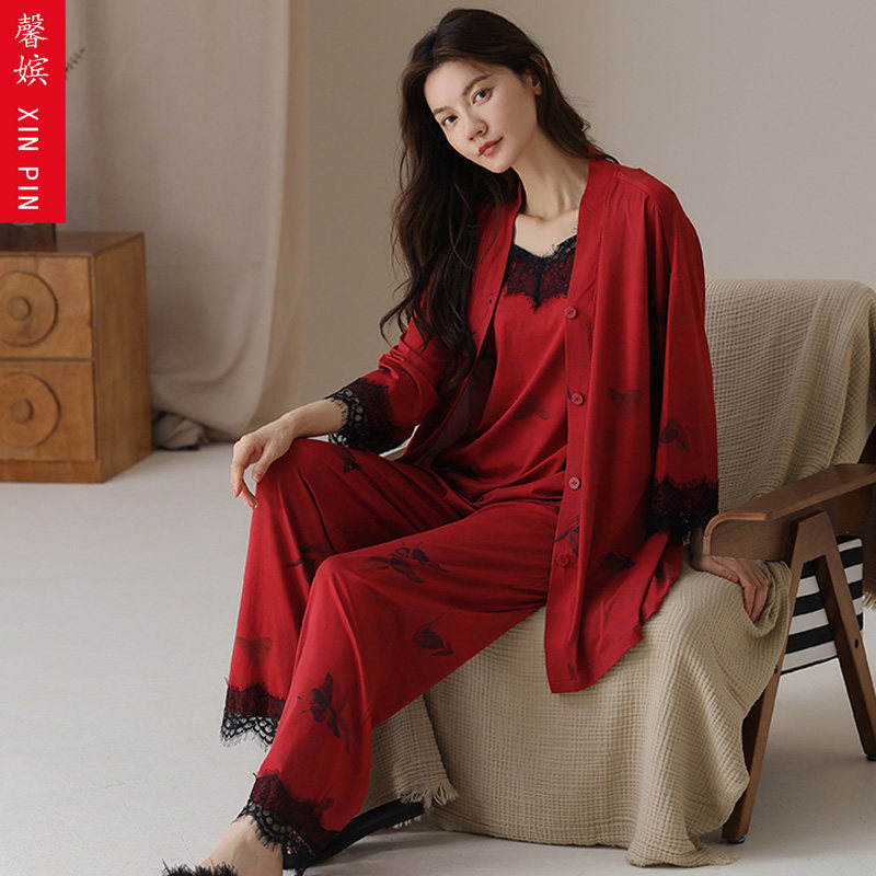 馨嫔春秋季女纯棉红色本命年睡衣