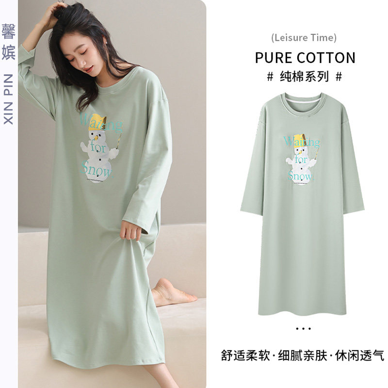 睡裙女秋纯棉长袖套头可外穿长裙