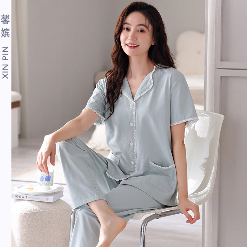 馨嫔夏季女纯棉翻领开衫短袖睡衣