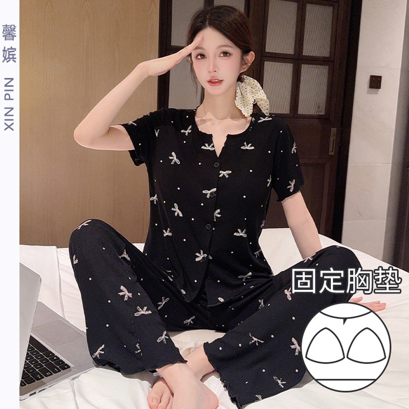 带胸垫睡衣女夏开衫短袖长裤套装