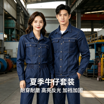夏季薄款牛仔工装套装男女长袖耐磨防烫电焊工车间劳保服工作服