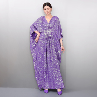 2026春季新款设计感紫色亮片连衣裙女V领收腰显瘦宽松优雅长袍裙