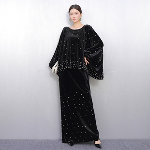 2025秋新款女套装宽松重工钉珠丝绒上衣吊带长裙两件套时尚优雅