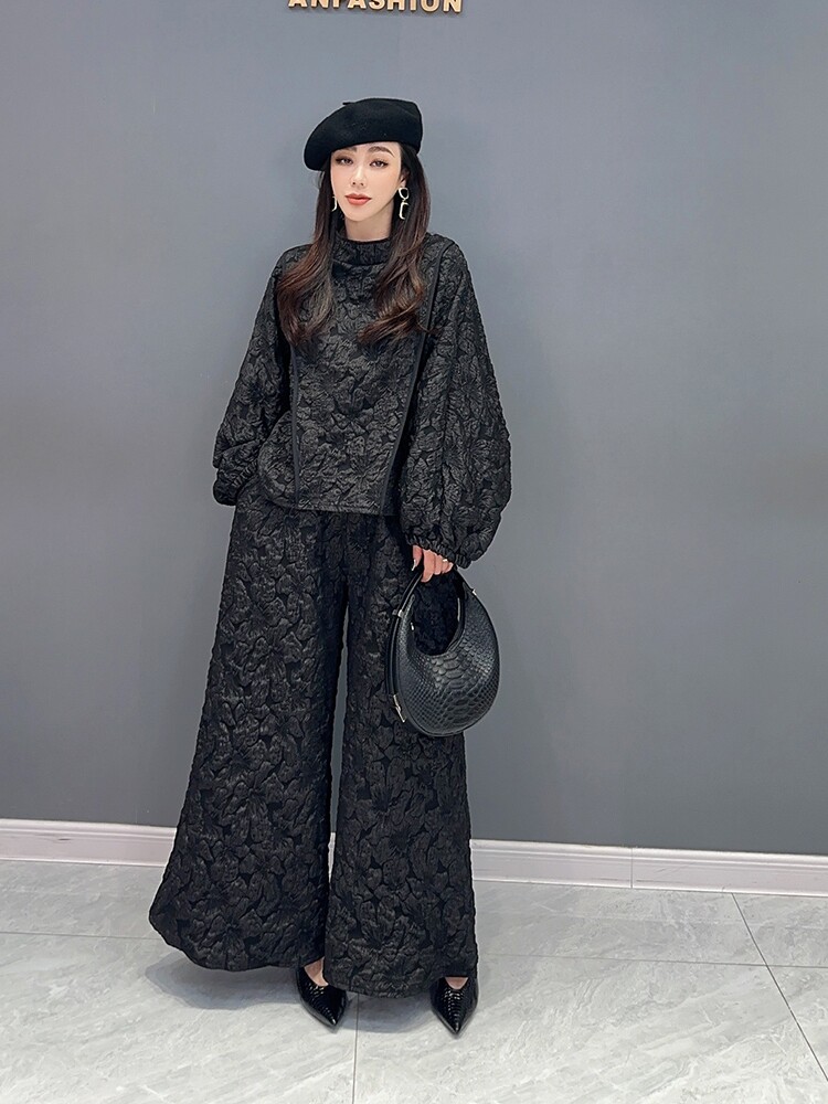 2025 秋新款复古风气质百搭潮流提花打底上衣时尚阔腿裤两件套女,女装/女士精品,时尚套装,淘宝优惠券,粉丝福利购,淘宝优惠卷