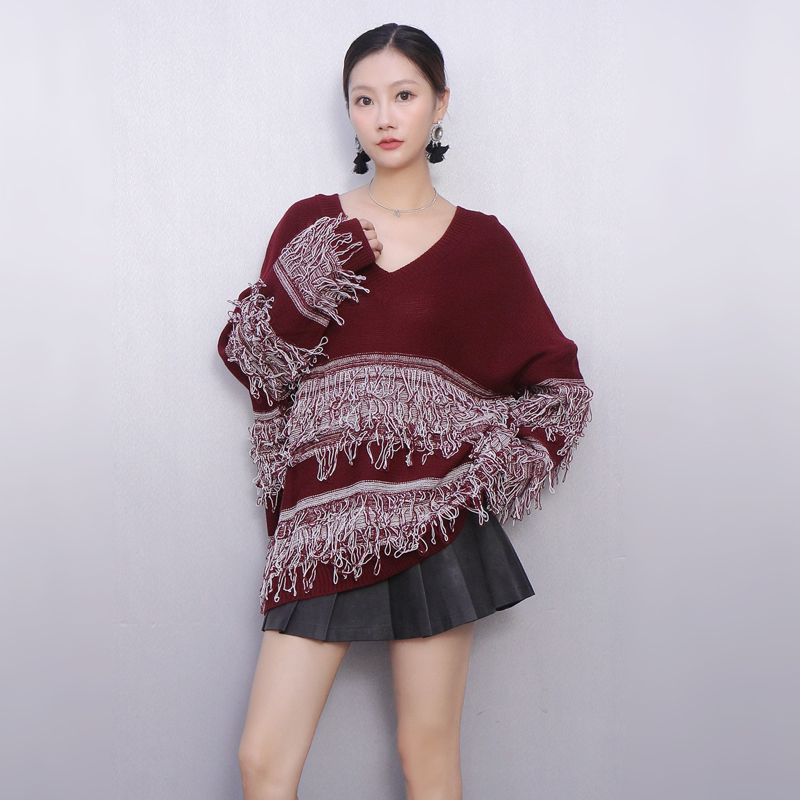 V领流苏针织外套时尚优雅复古