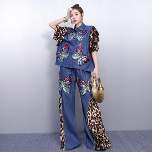 2025秋新款女套装宽松重工牛仔拼豹纹钉珠上衣长裤两件套时尚休闲