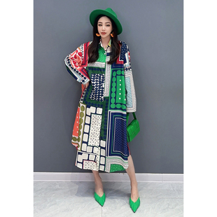 2025秋季新款连衣裙长衬衫印花长袖宽松大码时尚休闲遮肉潮流女装