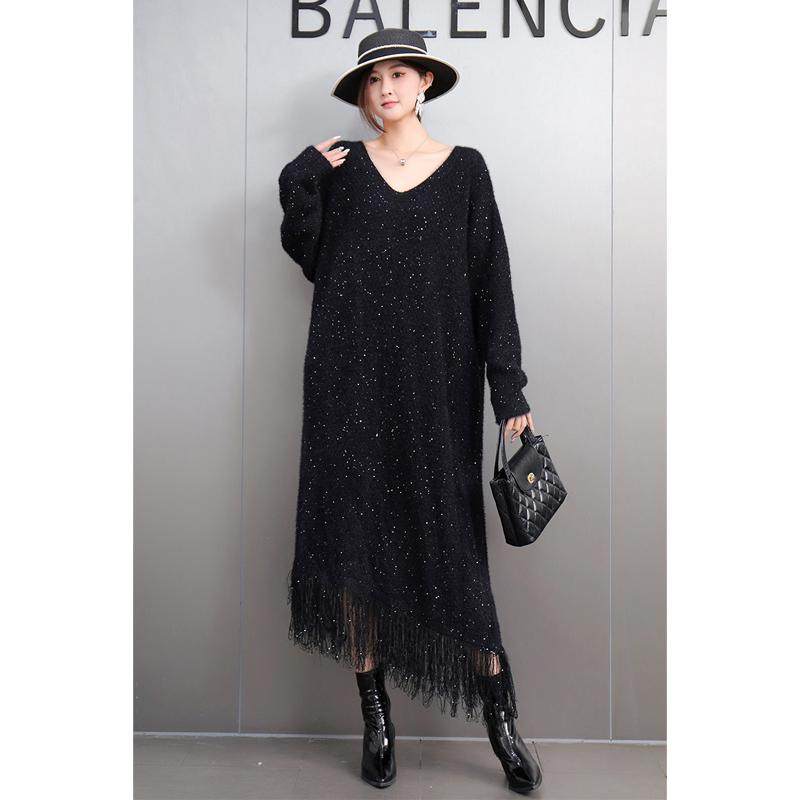 欧洲站小众设计感亮片毛衣裙女秋季2025新款宽松中长款流苏针织衫,女装/女士精品,毛针织衫,淘宝优惠券,粉丝福利购,淘宝优惠卷