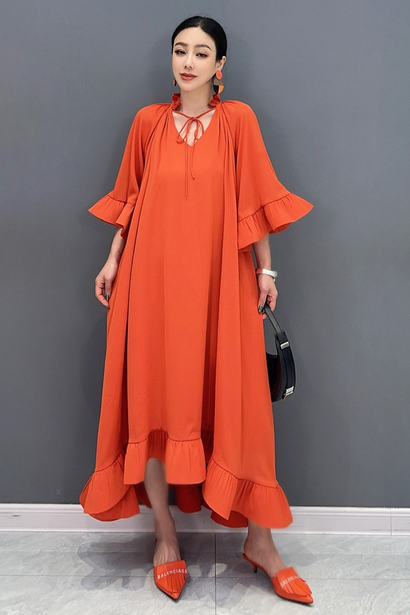 2025秋新款女连衣裙V领喇叭袖宽松荷叶边大摆长裙时尚女士优雅,女装/女士精品,连衣裙,淘宝优惠券,粉丝福利购,淘宝优惠卷