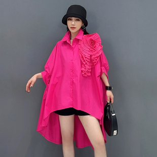 新款 宽松遮肉女装 长衬衫 立体花朵时尚 不规则设计感蝙蝠袖 2025秋季