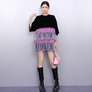 设计感2025秋新款女上衣宽松丝绒拼网纱荷叶边T恤时尚优雅复古