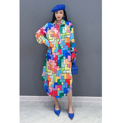 2025秋季新款印花连衣裙长袖衬衫裙宽松时尚减龄优雅时尚百搭女装