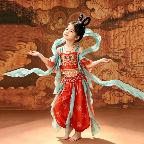 敦煌舞蹈服儿童飞天乐鼓演出服上铃鼓表演服异域风情民族古典舞服