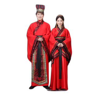 新款演出服唐装汉服直裾曲裾男女情侣古代汉代结婚服中式婚礼服装