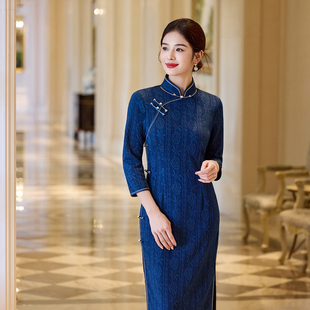 2025年新款 旗袍年轻妈妈改良蓝色高级名牌高端气质小个子提花日常