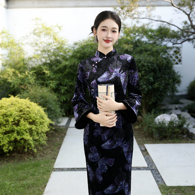 黑色改良旗袍女秋冬长袖加绒加厚