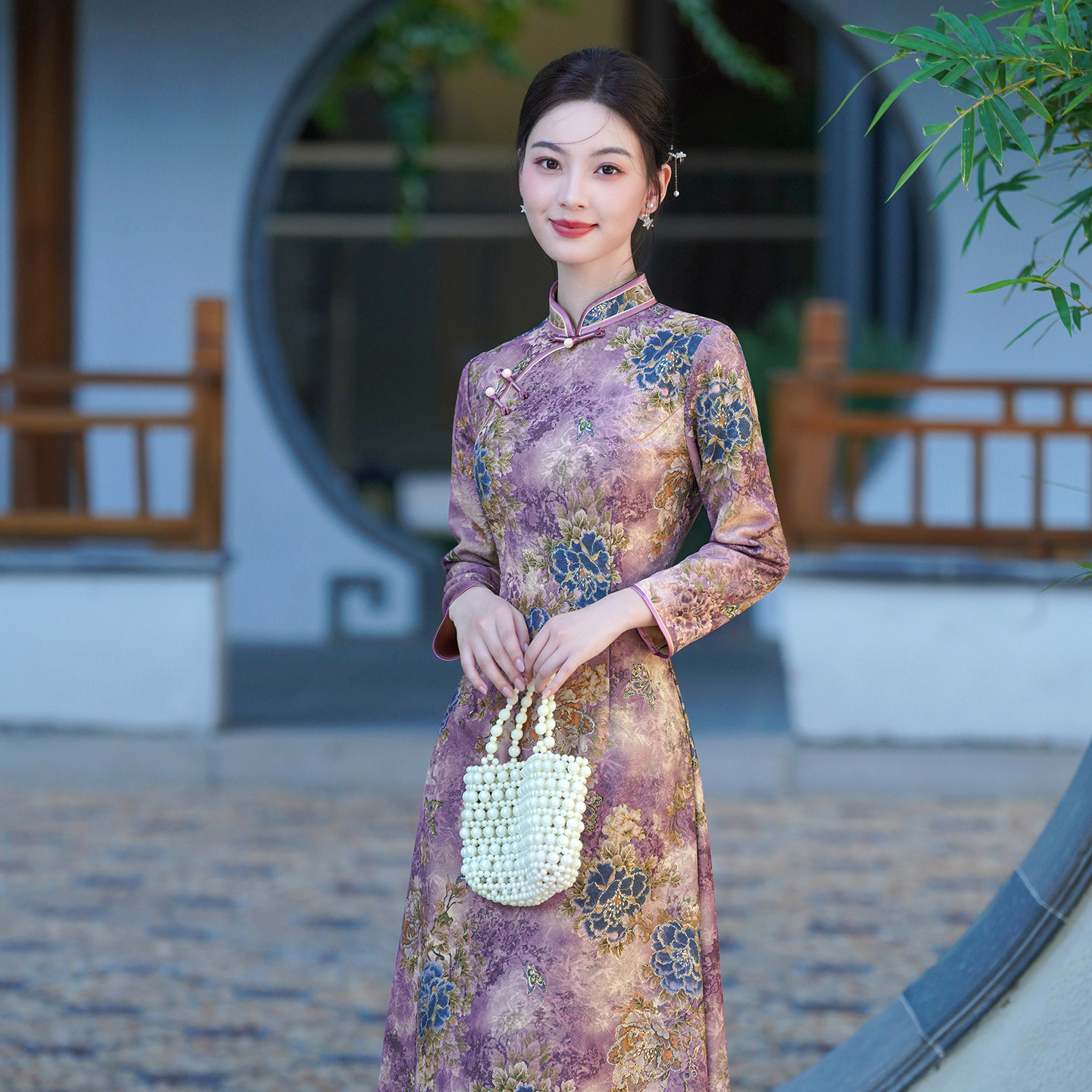 旗袍2025秋冬高端老上海印花素雅