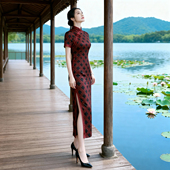 复古格子旗袍女红色国风改良优雅端庄大气收腰显瘦春夏气质连衣裙