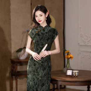 显瘦优雅气质女国风礼服 高端中年妈妈修身 老上海丝绒旗袍夏季 新款