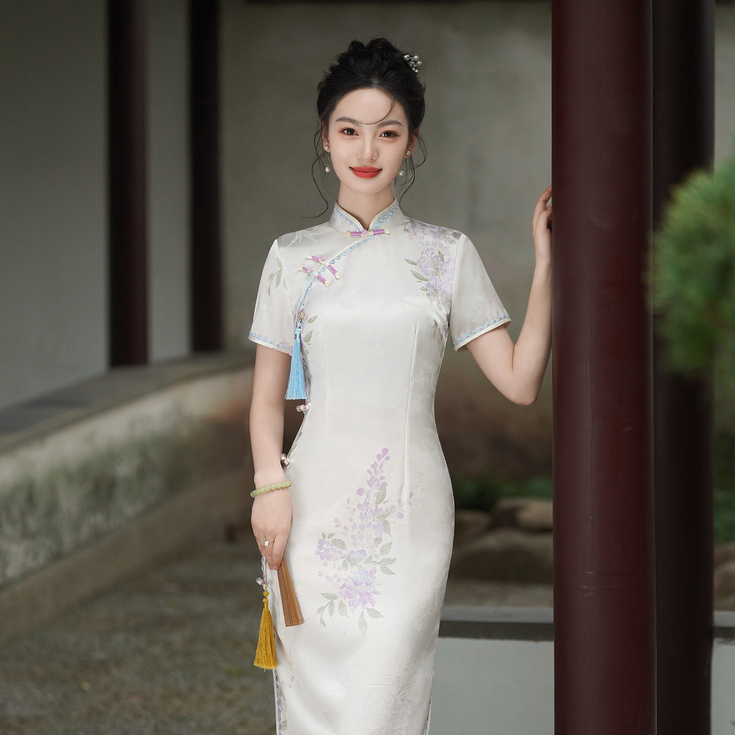 中国风醋酸印花旗袍夏季复古风