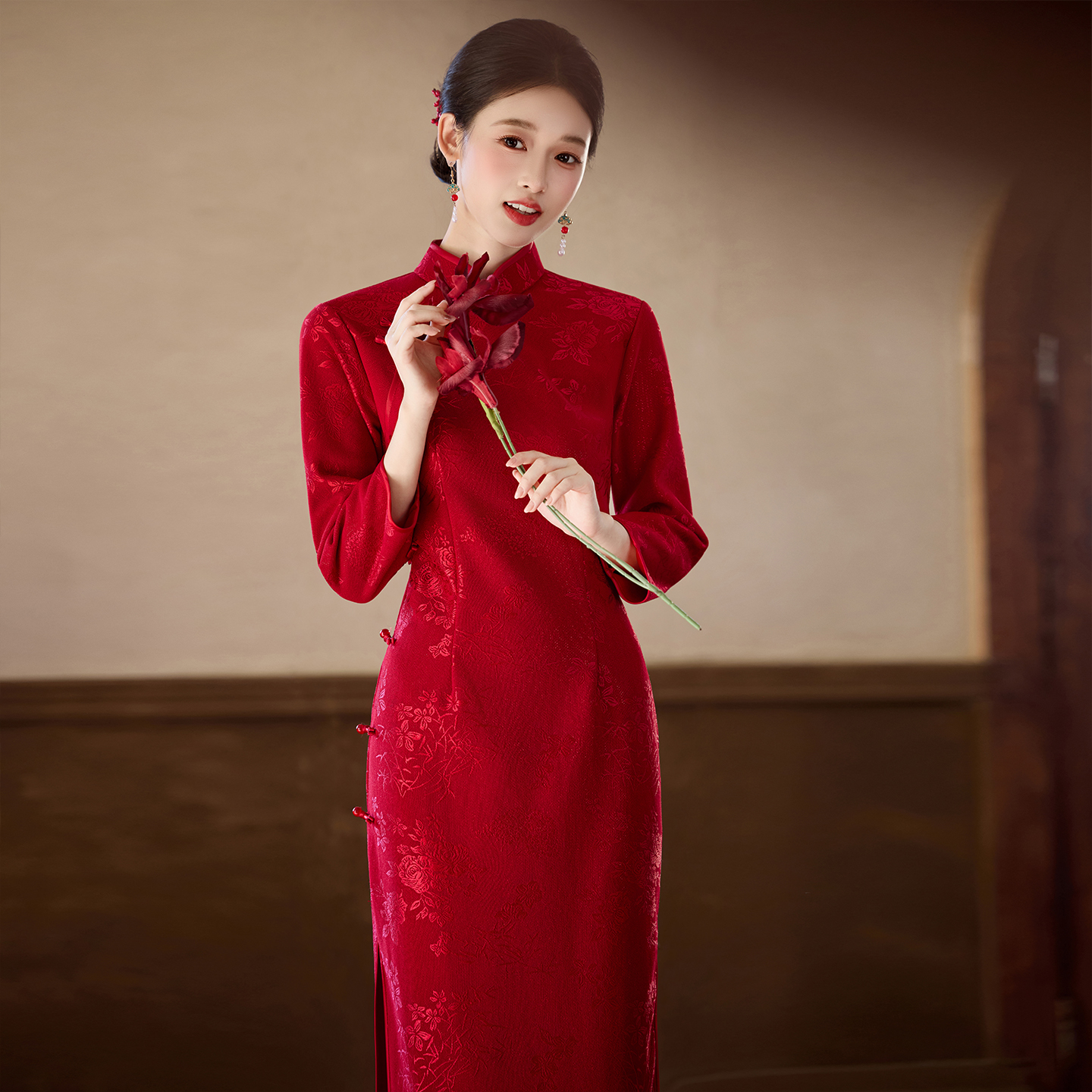 红色旗袍2025新款秋冬长袖修身女